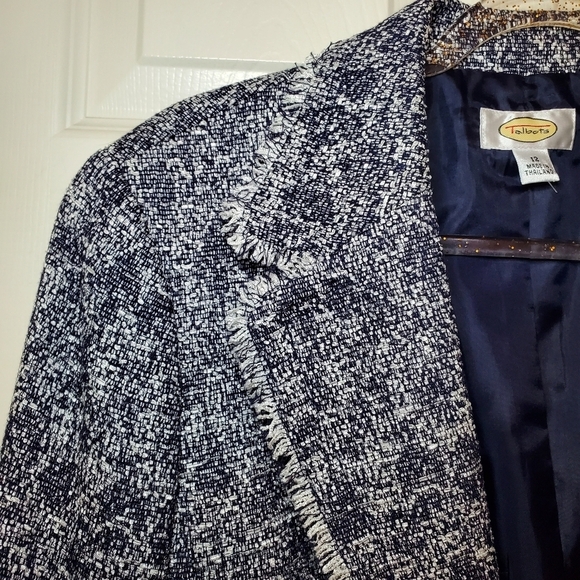 Talbots Petites Blue White Boucle Tweed Fringe Blazer Size 12 - Picture 2 of 12